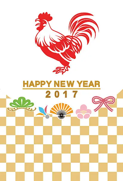 Vector illustration of Japanese New Year card 2017 - Rooster and traditional icon