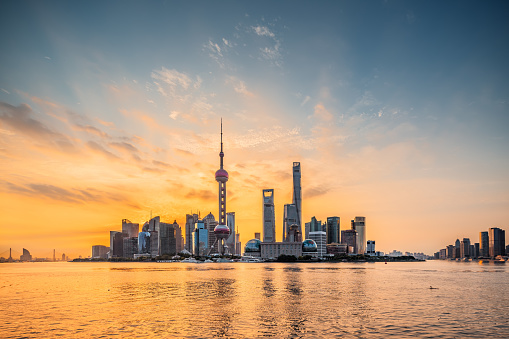 Panoramic skyline of Shanghai,China,Sunrise,Lu Jia Zui,Shanghai