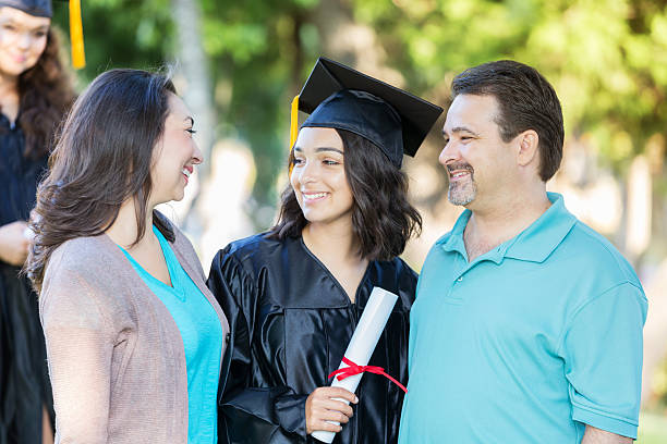 istock Proud parents congratulate daughter after college graduation 614617552