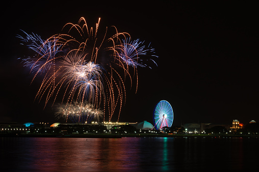 Fireworks over Navy Pier and Lake Michigan.