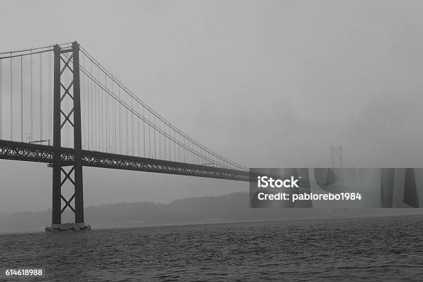 Fog On The Bridge 25 April Lisbon Stock Photo - Download Image Now - 2015, Architectural Column, Architecture