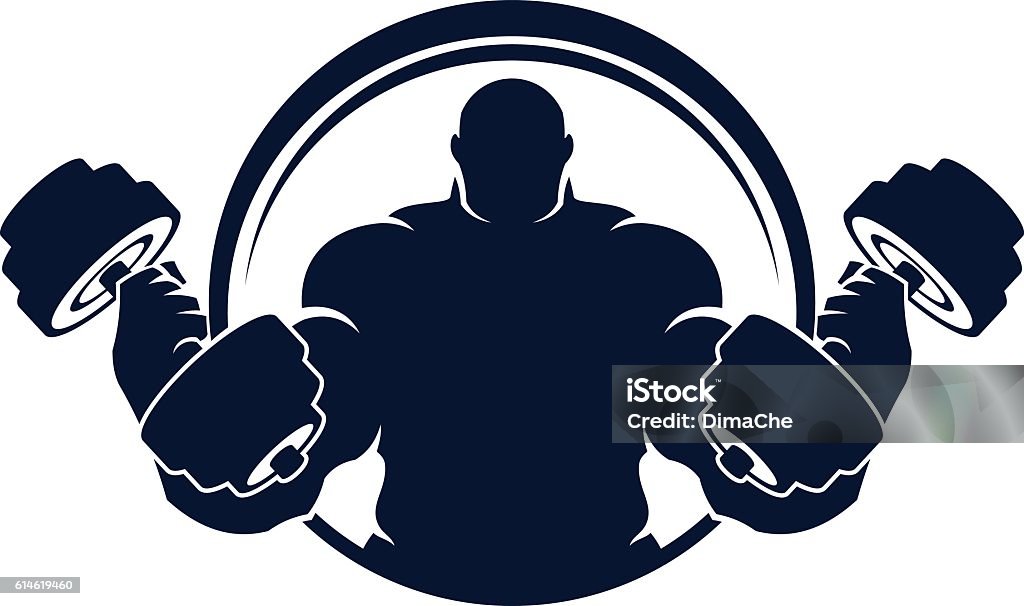 Muscled man with dumbbells Muscled man with dumbbells one colour emblem. Weightlifting stock vector