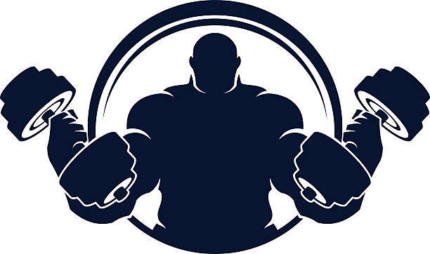 Muscled man with dumbbells Muscled man with dumbbells one colour emblem. fat strongman stock illustrations