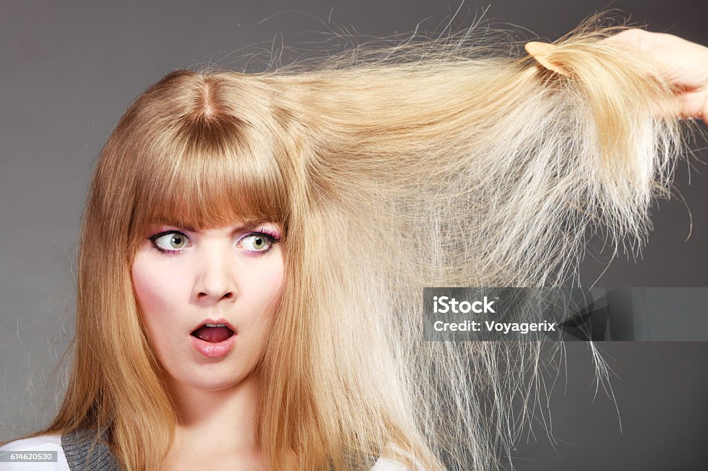 Blonde woman with her damaged dry hair. Haircare. Blonde woman with her damaged dry hair angry face expression gray background Damaged Stock Photo