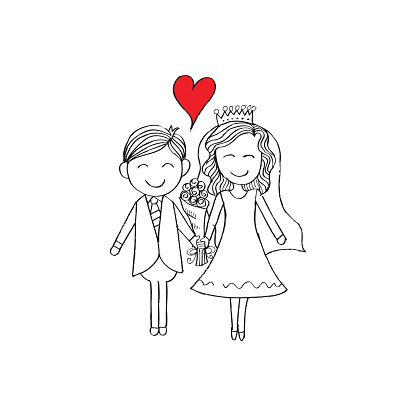 Illustration of wedding couple with wedding dress. Hand drawing illustration.