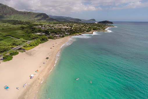 Aerial view of Makaha Beach on Oahu, Hawaii, the original surfing beach