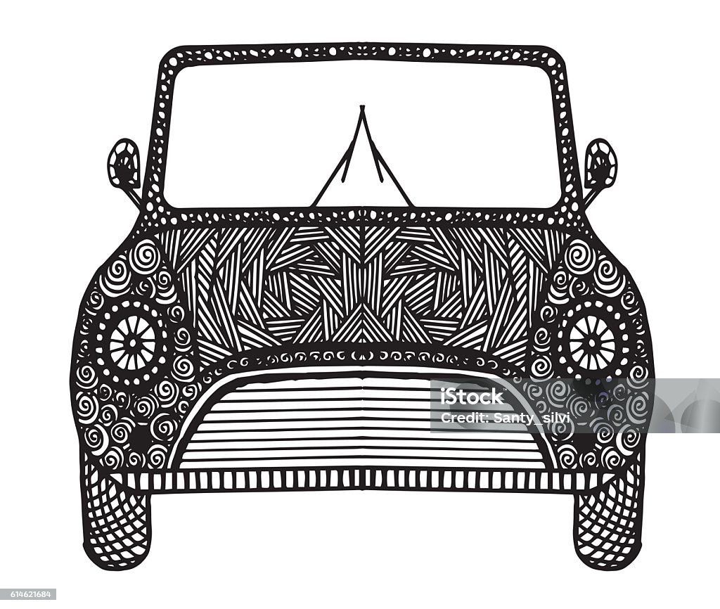 Hand drawn doodle outline retro car decorated with ornaments Hand drawn doodle outline retro car decorated with ornaments front view.Vector illustration.Floral ornament Adult stock vector