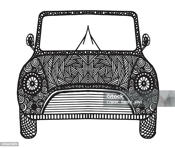 Hand Drawn Doodle Outline Retro Car Decorated With Ornaments Stock Illustration - Download Image Now