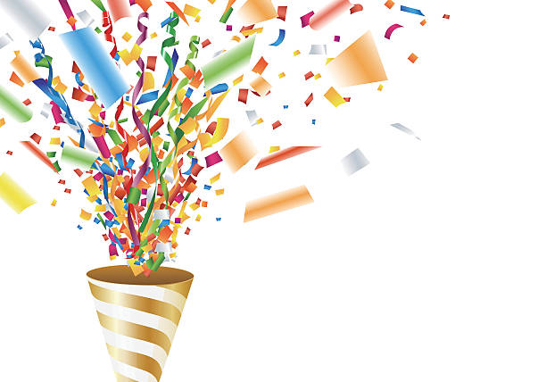 ilustraciones, imágenes clip art, dibujos animados e iconos de stock de explotando fiesta popper con confeti y serpentina - streamer congratulating party popper birthday