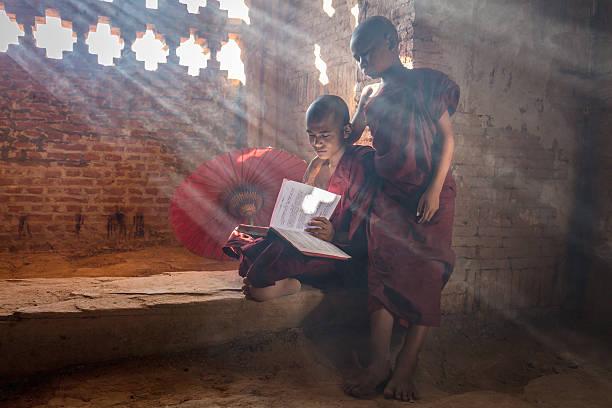 Young burmese buddhist monk novice looking serious against a teal wall
