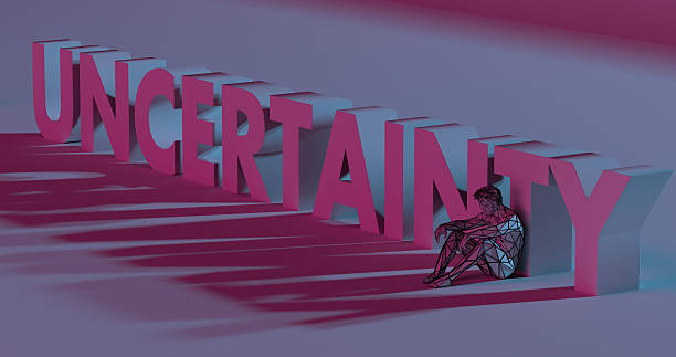 uncertainty - 3d render lettering near low poly man illustration - affraid imagens e fotografias de stock