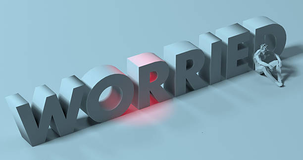 istock Worried - 3d render lettering sign, near tired depressed man 614625834