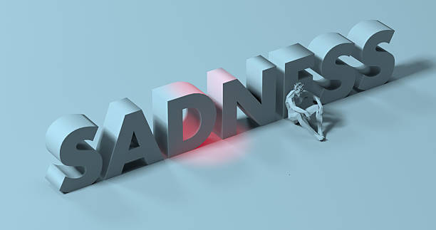 istock Sadness - 3d render lettering sign, near tired depressed man 614625890
