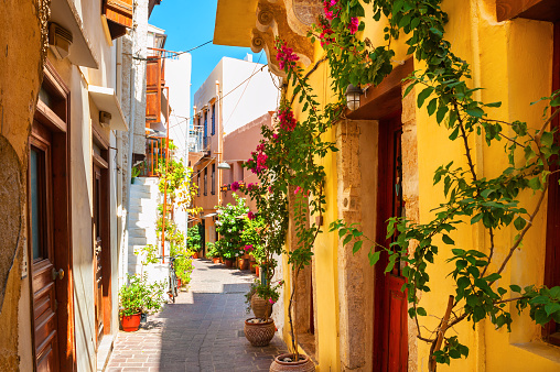 Beautiful street with colorful buildings in Chania, Crete island, Greece. Summer landscape
