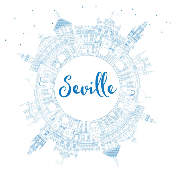 Outline Seville Skyline with Blue Buildings and Copy Space. Outline Seville Skyline with Blue Buildings and Copy Space. Vector Illustration. Business Travel and Tourism Concept with Historic Architecture. Image for Presentation Banner Placard and Web Site. sevilla stock illustrations