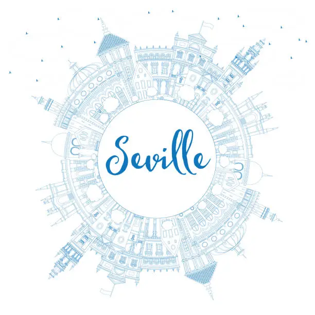 Vector illustration of Outline Seville Skyline with Blue Buildings and Copy Space.