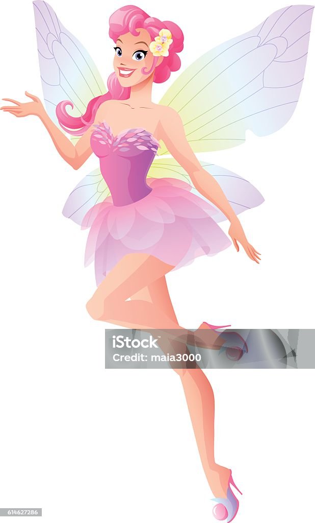 Flying and presenting fairy with wings in pink. Vector illustration. Beautiful flying and presenting fairy with wings. Cartoon style vector illustration isolated on white background. Fairy Costume stock vector