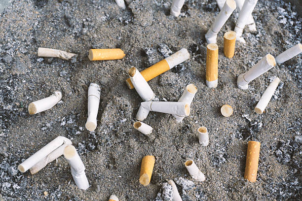 istock Cigarette in outdoors ashtray with sand closeup 614628908