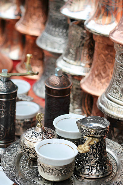 istock Traditional handcrafted copper coffee pots in souvenir shops in Sarajevo 614628994