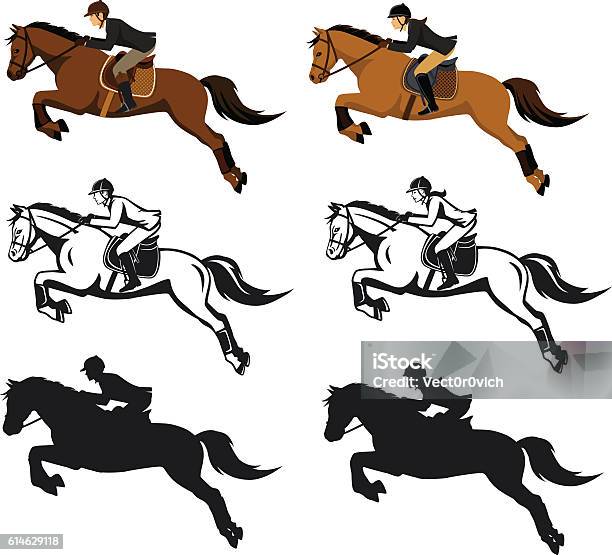 Ilustración de Hombre Y Mujer Montando Juego De Caballos De Salto y más Vectores Libres de Derechos de Concurso de saltos ecuestres - Concurso de saltos ecuestres, Silueta, Caballo - Familia del caballo