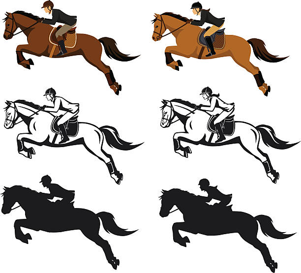 ilustrações de stock, clip art, desenhos animados e ícones de man and woman riding jumping horse set - horseback riding illustrations