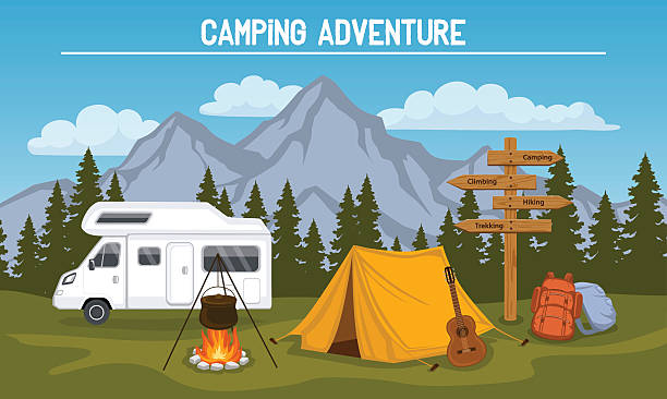Camping scene campsite scene with camping tent, rocky mountains, pine forest, guitar, pot, campfire, hiking backpacks , directional sign, caravan . outdoor tourism scene background of a camping stock illustrations