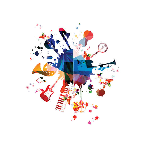 Music template vector illustration, music instruments background Music template vector illustration, music instruments background, guitar, piano keyboard, french horn, saxophone, trumpet, violoncello, contrabass, banjo, traditional Portuguese guitar, bouzouki music culture stock illustrations