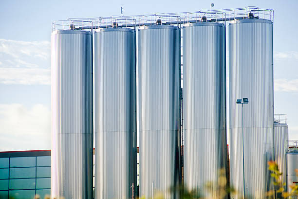 Stainless Steel storage tanks, dairy factory. Stainless Steel storage tanks in a dairy factory, tree leaves in the foreground, sky background. granary stock pictures, royalty-free photos & images