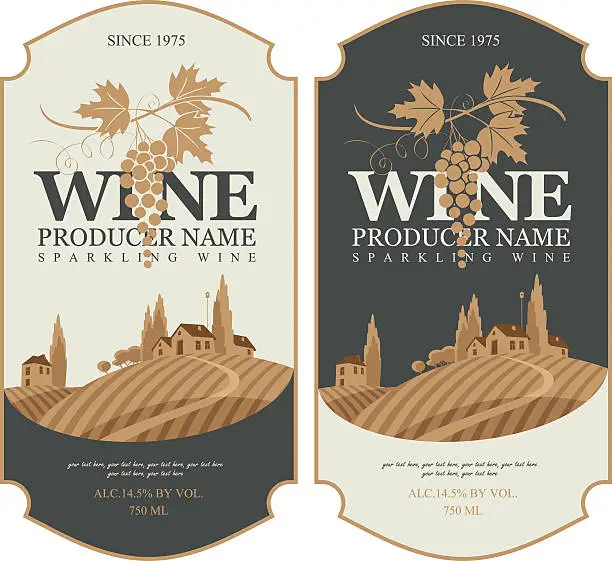Vector illustration of wine labels with landscape of vineyards