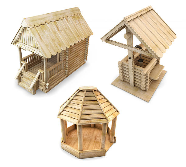 istock Wooden house, gazebo and well isolated. 3d rendering 614635538