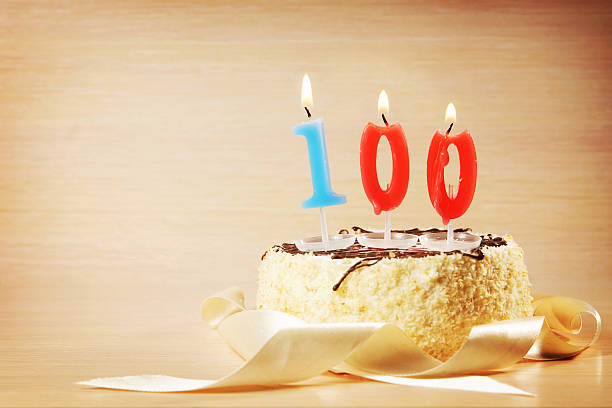 istock Birthday cake with burning candle as a number one hundred 614636052