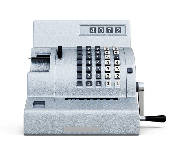 винтажный кассовый аппарат с видом изолирован на белом фоне. 3 - cash register old coin wealth стоковые фото и изображения