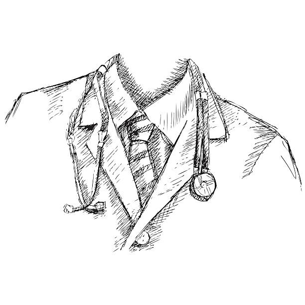 Close up of a doctors lab white coat and stethoscope Close up of a doctors lab white coat and stethoscope doctor drawings stock illustrations
