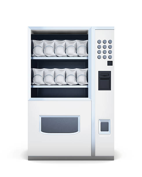 Front view machine for sale of snacks isolated on white Front view machine for sale of snacks isolated on white background. 3d rendering. vending machine stock pictures, royalty-free photos & images