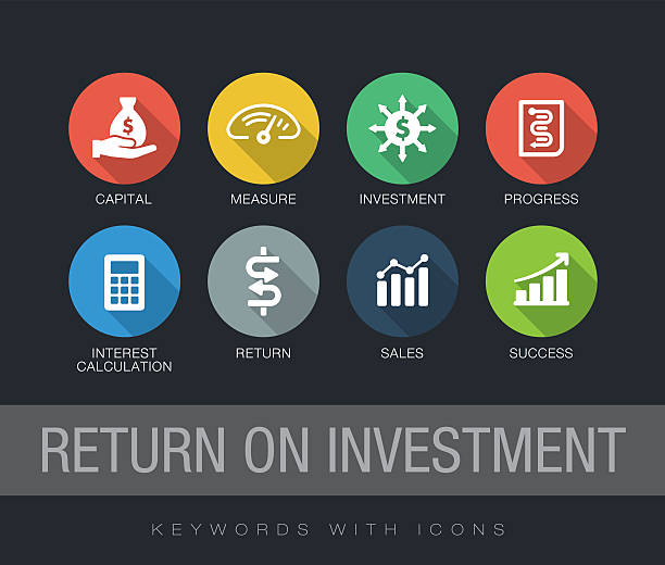 return on investment-keywords mit symbolen - flat design grafiken stock-grafiken, -clipart, -cartoons und -symbole