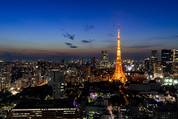 vue sur la ville de tokyo et tokyo landmark tokyo tower dans la soirée. - tokyo prefecture tokyo tower night skyline photos et images de collection