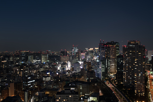 Dense buildings in Minato-ku, Tokyo Japan with Tokyo Sky tree visible on the horizon.