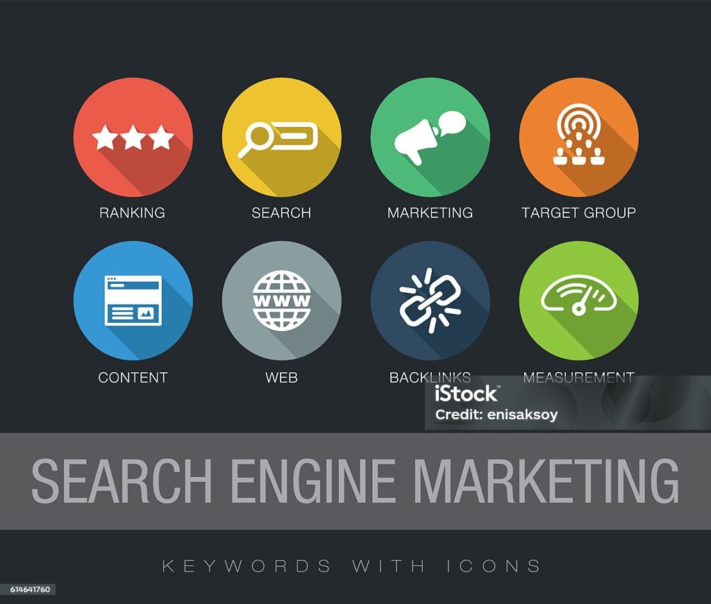 Search Engine Marketing keywords with icons Search Engine Marketing chart with keywords and icons. Flat design with long shadows Icon Symbol stock vector