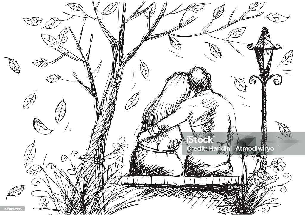 cute hand drawn style couple sitting on bench Drawing - Activity stock vector