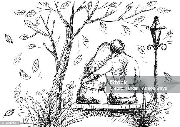 Cute Hand Drawn Style Couple Sitting On Bench Stock Illustration - Download Image Now - Drawing - Activity, Couple - Relationship, Embracing