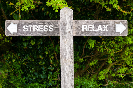 Wooden signpost with two opposite arrows over green leaves background. STRESS versus RELAX directional signs, Choice concept image