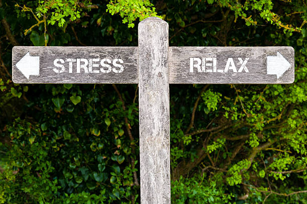 STRESS versus RELAX directional signs Wooden signpost with two opposite arrows over green leaves background. STRESS versus RELAX directional signs, Choice concept image managing stress stock pictures, royalty-free photos & images