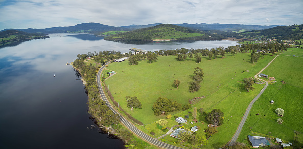 Aerial panorama of Huon River and Valley, Tasmania, Australia