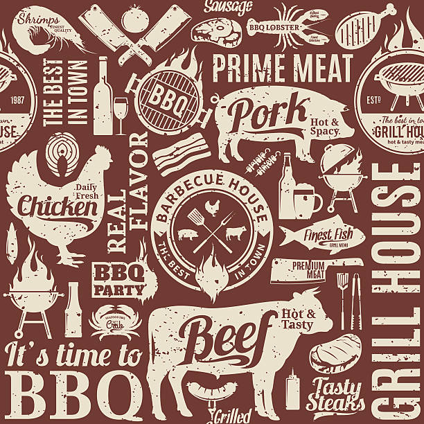 Retro styled typographic vector barbecue seamless pattern Retro styled typographic vector barbecue seamless pattern or background. BBQ, meat, vegetables, beer, wine and equipment icons for cafe, bar and restaurant menu, branding and identity meat patterns stock illustrations