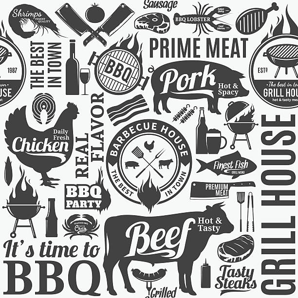 ilustrações, clipart, desenhos animados e ícones de padrão ou plano de fundo da churrasqueira vetorial tipográfica - chicken fish beef pig