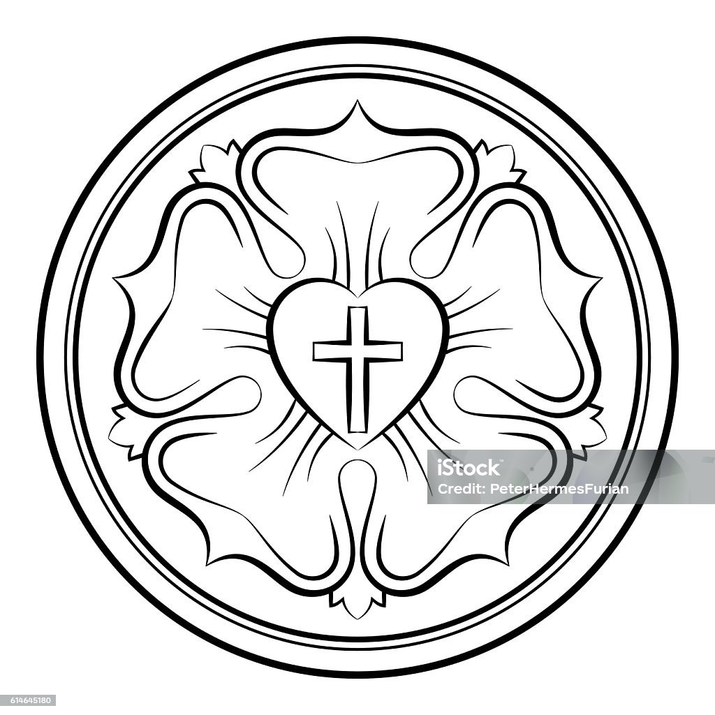 Luther rose monochrome calligraphic illustration Luther rose monochrome calligraphic illustration. Also Luther seal, symbol of Lutheranism. Expression of theology and faith of Martin Luther, consisting of a cross, an heart, a single rose and a ring. Martin Luther - Religious Leader stock vector