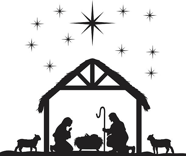 Nativity Scene Silhouettes Traditional Christian Christmas Nativity Scene of baby Jesus in the manger with Mary and Joseph.   nativity scene stock illustrations