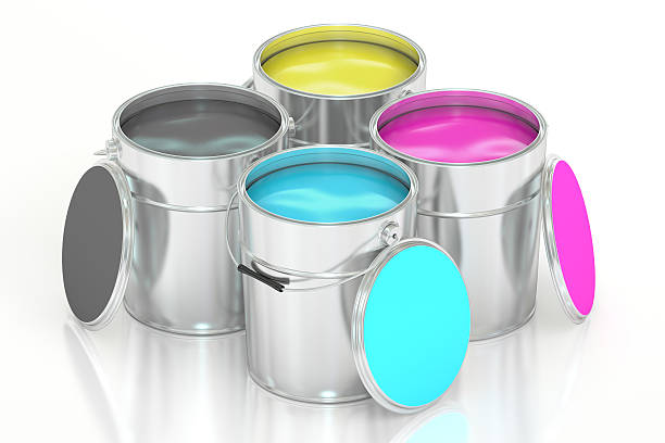 istock Cans with color paint, CMYK concept. 3D rendering 614647324