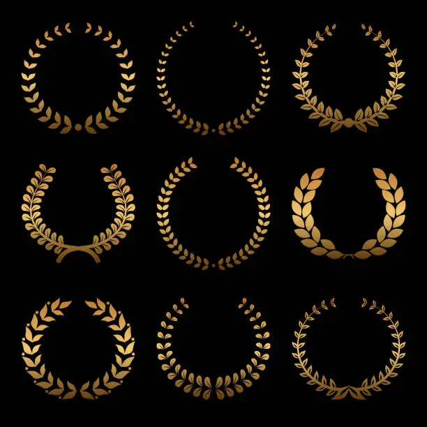 Vector illustration of Gold award wreaths, laurel on black background. Vector