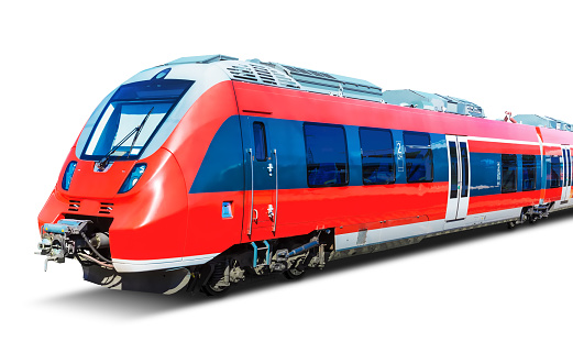 Creative abstract railroad travel and railway tourism transportation industrial concept: red modern high speed passenger commuter train isolated on white background